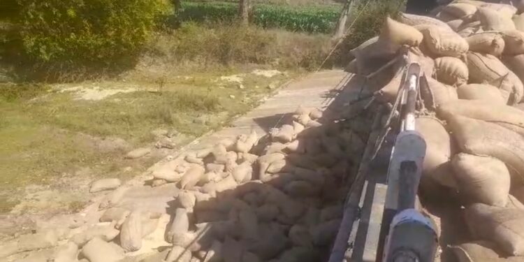 बलरामपुर-चांदो सड़क पर 14 चक्का गाड़ी पलटी, चालक ने बचाई जान, धान उठाव जारी