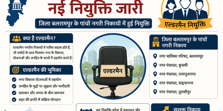 छत्तीसगढ़ में एल्डरमैन की नई नियुक्ति जारी, बलरामपुर जिले के पांचों नगरीय निकायों में नामित सदस्य नियुक्त