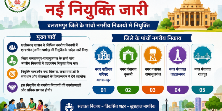 छत्तीसगढ़ में एल्डरमैन की नई नियुक्ति जारी, बलरामपुर जिले के सभी नगरीय निकायों में नामित पार्षद नियुक्त